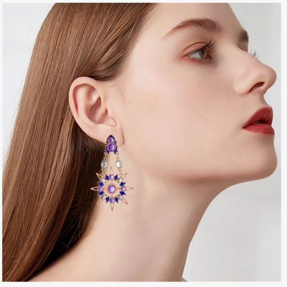 Celestial~Sun & Moon Whimsigoth Pink Blue Crystal Dangle Earrings - Picture 4 of 11